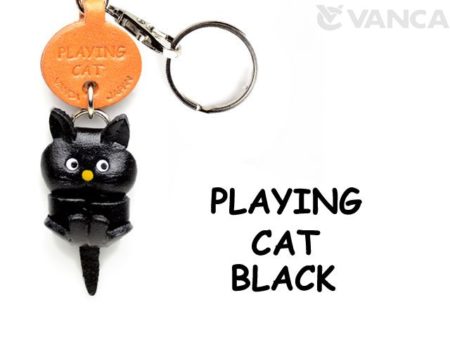 Leather Key Chain – Playing Cat (Black)