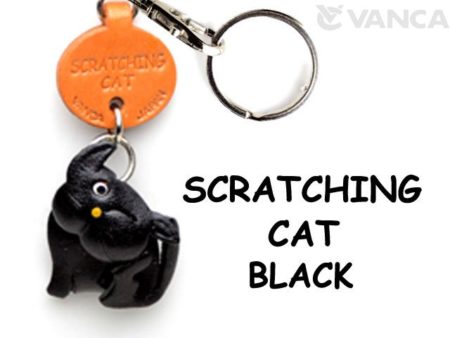 Leather Key Chain – Scratching Cat (Black)