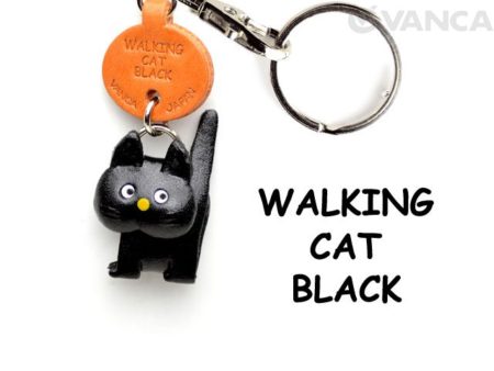 Leather Key Chain – Walking Cat (Black)