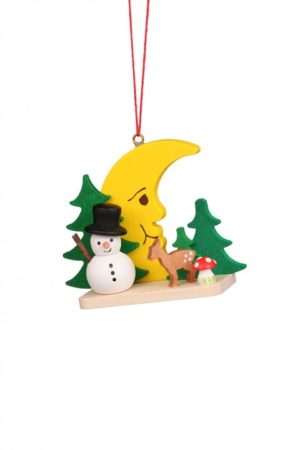 Snowman With Fawn On Moon Ornament